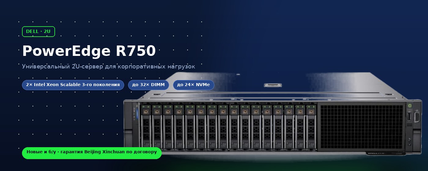 Сервер Dell PowerEdge R750 15-го поколения, вид спереди, 2U
