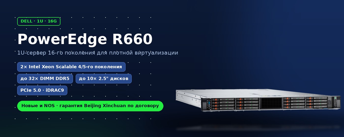 Сервер Dell PowerEdge R660 16-го поколения, вид спереди, 1U